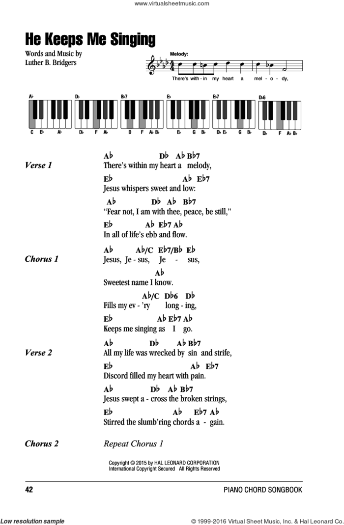 He Keeps Me Singing sheet music for piano solo (chords, lyrics, melody) by Luther B. Bridgers, intermediate piano (chords, lyrics, melody)