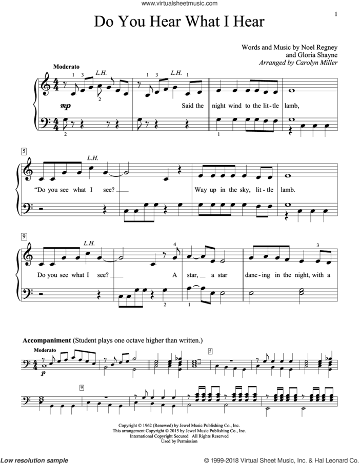 Do You Hear What I Hear (arr. Carolyn Miller) sheet music for piano solo (elementary) by Gloria Shayne, Carolyn Miller, Carole King, Carrie Underwood, Susan Boyle feat. Amber Stassi and Noel Regney, beginner piano (elementary)