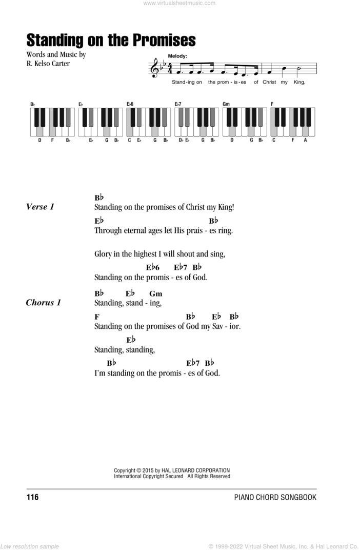 Standing On The Promises sheet music for piano solo (chords, lyrics, melody) by R. Kelso Carter, intermediate piano (chords, lyrics, melody)
