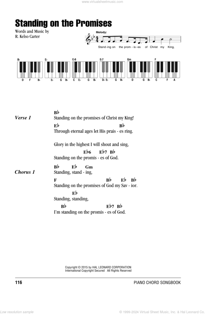 Standing On The Promises sheet music for piano solo (chords, lyrics, melody) by R. Kelso Carter, intermediate piano (chords, lyrics, melody)