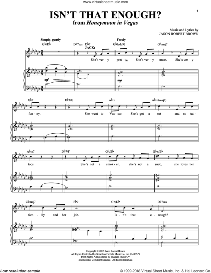 Isn't That Enough? (from Honeymoon in Vegas) sheet music for voice and piano (Tenor) by Jason Robert Brown and Richard Walters, intermediate skill level