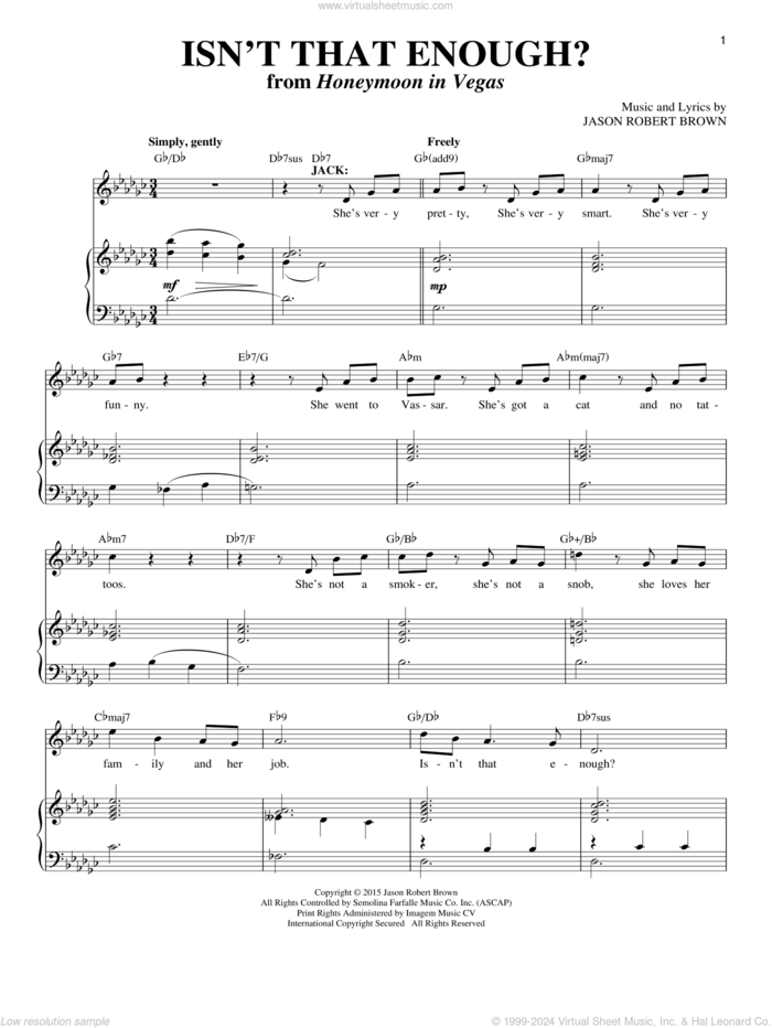 Isn't That Enough? (from Honeymoon in Vegas) sheet music for voice and piano (Tenor) by Jason Robert Brown and Richard Walters, intermediate skill level