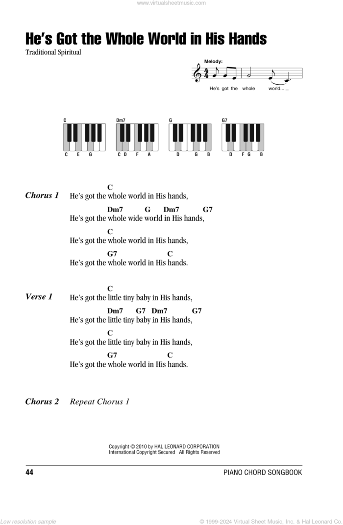 He's Got The Whole World In His Hands sheet music for piano solo (chords, lyrics, melody), intermediate piano (chords, lyrics, melody)