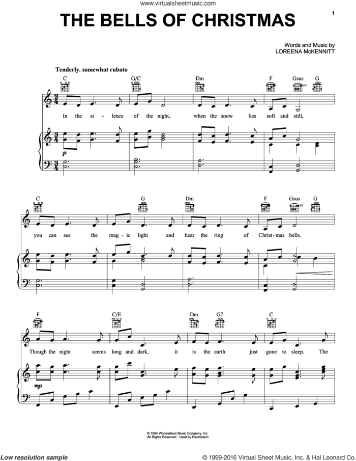 The Bells Of Christmas sheet music for voice, piano or guitar by Loreena McKennitt, intermediate skill level