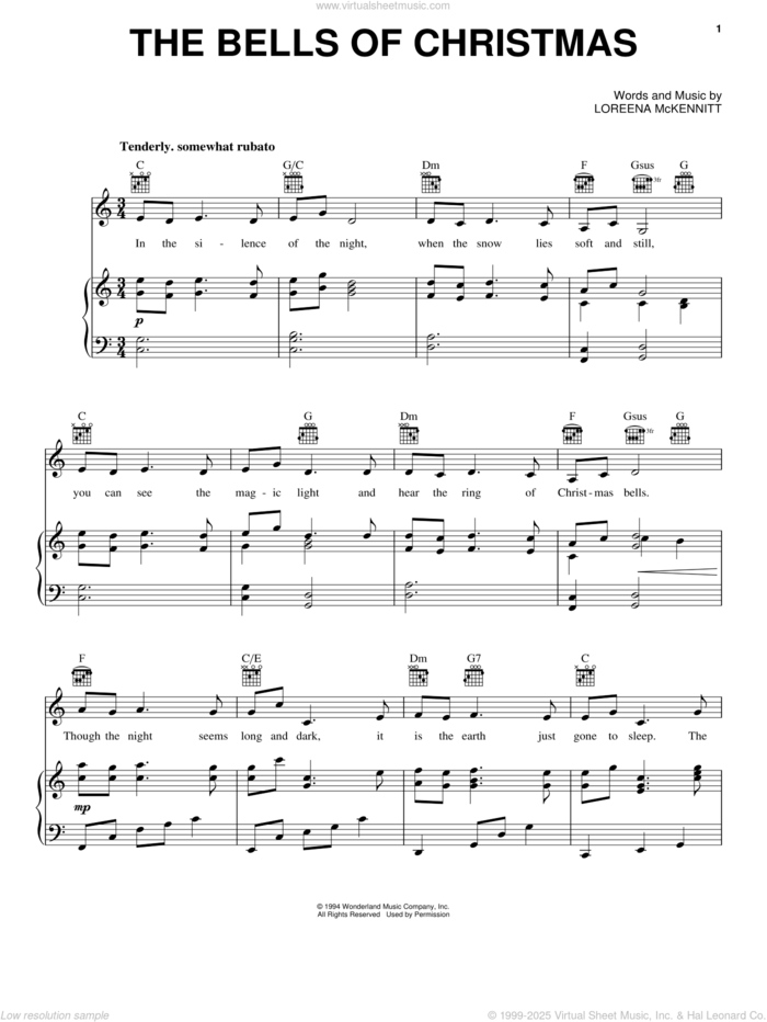 The Bells Of Christmas sheet music for voice, piano or guitar by Loreena McKennitt, intermediate skill level