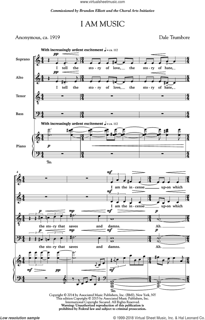 I Am Music sheet music for choir (SATB: soprano, alto, tenor, bass) by Dale Trumbore and Dale Warland (editor), intermediate skill level
