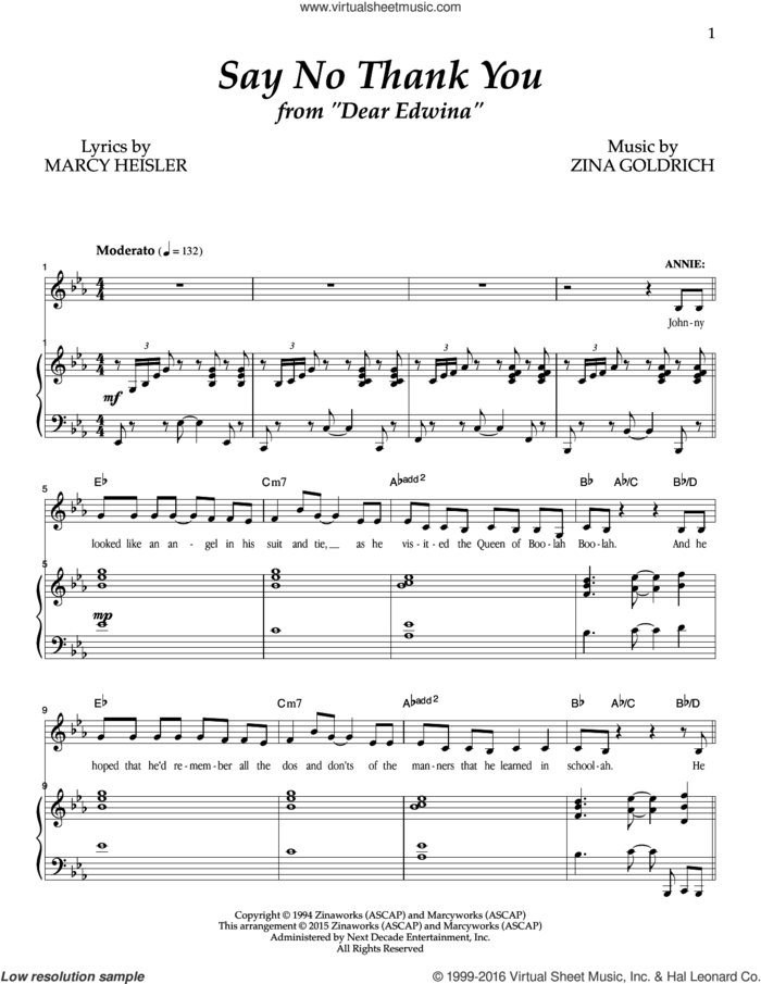 Say No Thank You sheet music for voice and piano by Goldrich & Heisler, Marcy Heisler and Zina Goldrich, intermediate skill level