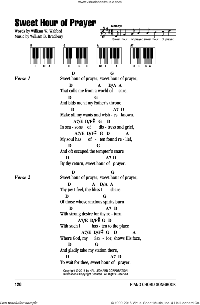 Sweet Hour Of Prayer sheet music for piano solo (chords, lyrics, melody) by William W. Walford and William B. Bradbury, intermediate piano (chords, lyrics, melody)