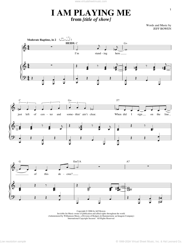 I Am Playing Me sheet music for voice and piano by Jeff Bowen and Richard Walters, intermediate skill level