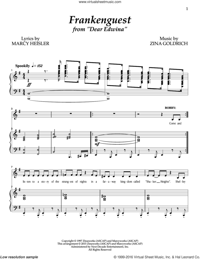 Frankenguest sheet music for voice and piano by Goldrich & Heisler, Marcy Heisler and Zina Goldrich, intermediate skill level