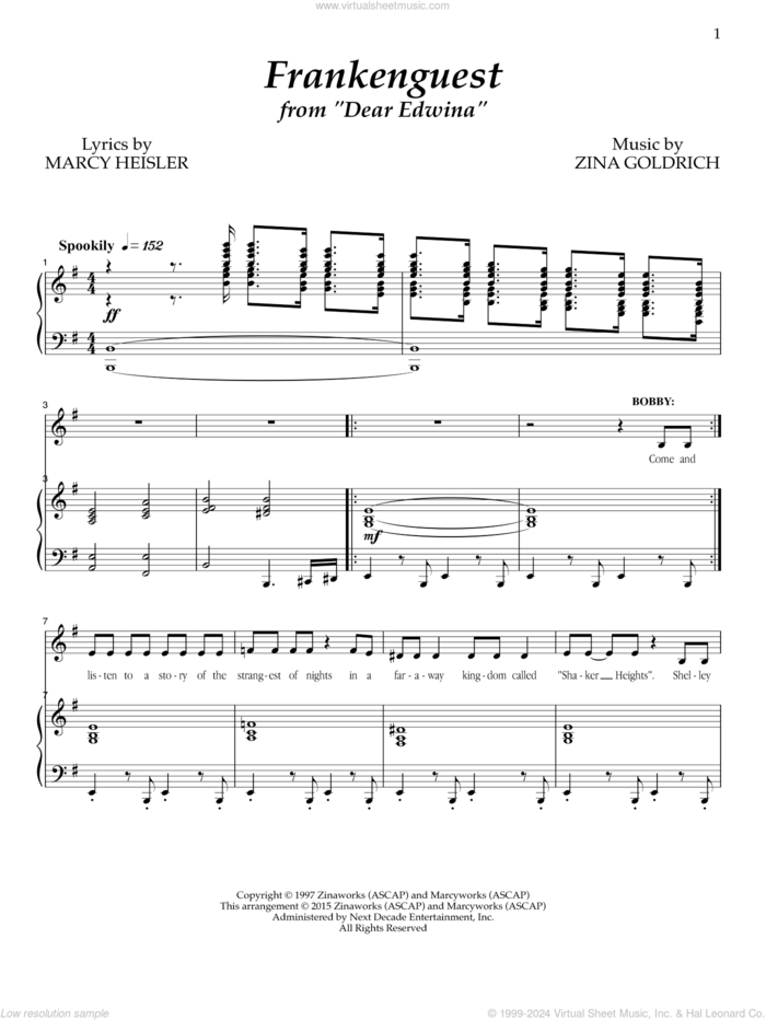 Frankenguest sheet music for voice and piano by Goldrich & Heisler, Marcy Heisler and Zina Goldrich, intermediate skill level