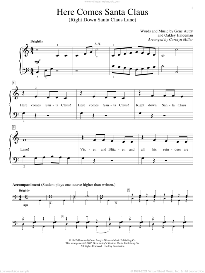 Here Comes Santa Claus (Right Down Santa Claus Lane), (beginner) (Right Down Santa Claus Lane) sheet music for piano solo (elementary) by Gene Autry, Carolyn Miller, Carpenters and Oakley Haldeman, beginner piano (elementary)