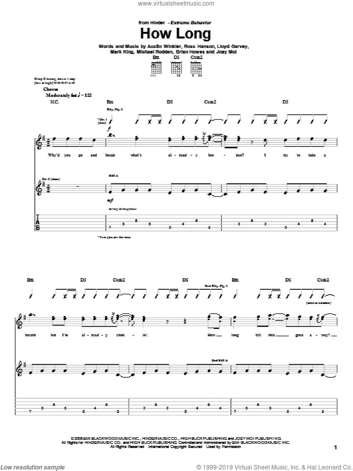 How Long sheet music for guitar (tablature) by Hinder, Austin Winkler, Brian Howes, Joey Moi, Lloyd Garvey, Mark King, Michael Rodden and Ross Hanson, intermediate skill level