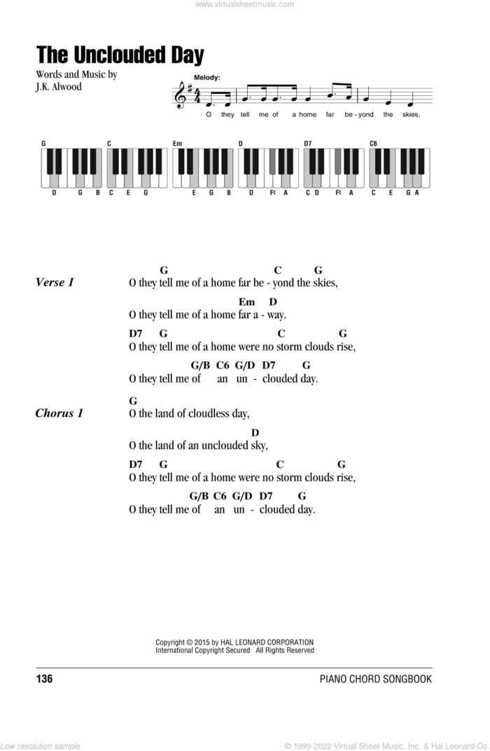 The Unclouded Day sheet music for piano solo (chords, lyrics, melody) by J.K. Alwood, intermediate piano (chords, lyrics, melody)