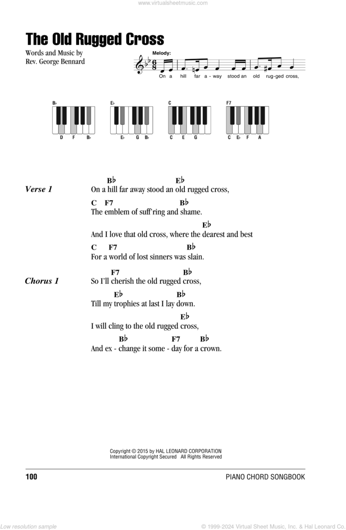 The Old Rugged Cross sheet music for piano solo (chords, lyrics, melody) by Rev. George Bennard, intermediate piano (chords, lyrics, melody)