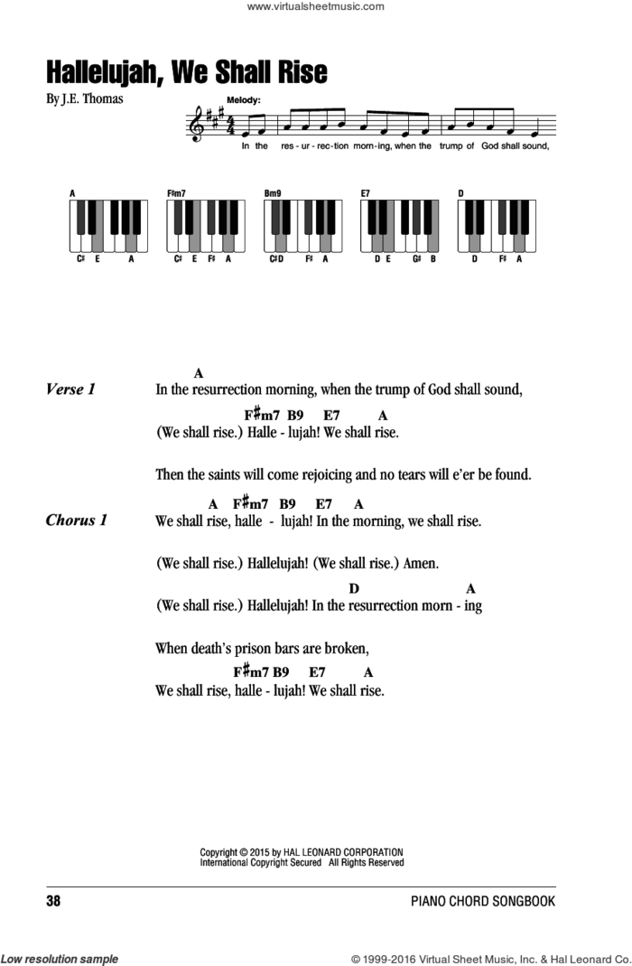 Hallelujah, We Shall Rise sheet music for piano solo (chords, lyrics, melody) by J.E. Thomas, intermediate piano (chords, lyrics, melody)