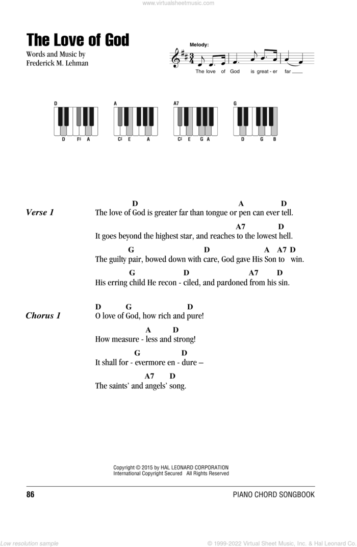 The Love Of God sheet music for piano solo (chords, lyrics, melody) by Frederick M. Lehman, intermediate piano (chords, lyrics, melody)