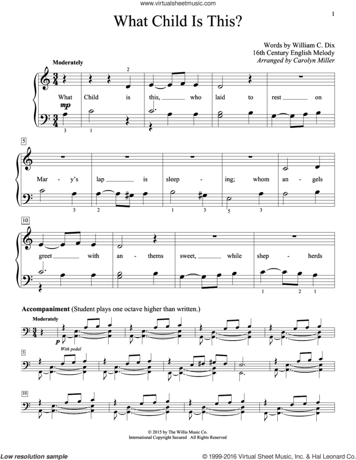 What Child Is This? sheet music for piano solo (elementary) by William Chatterton Dix, Carolyn Miller and Miscellaneous, beginner piano (elementary)