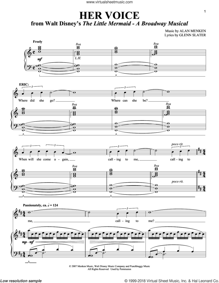 Her Voice sheet music for voice and piano (Tenor) by Alan Menken, Richard Walters and Glenn Slater, intermediate skill level