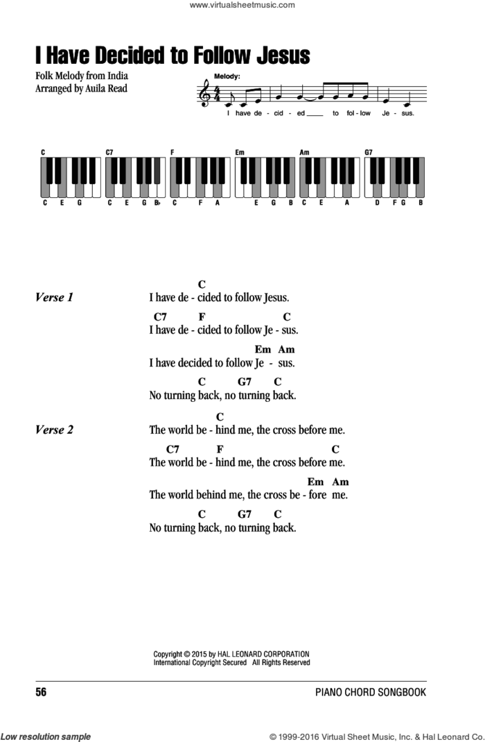 I Have Decided To Follow Jesus sheet music for piano solo (chords, lyrics, melody) by Auila Read, intermediate piano (chords, lyrics, melody)