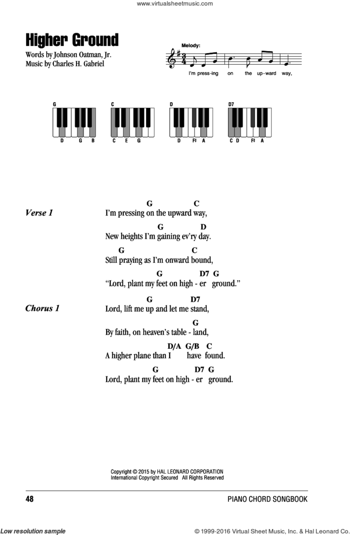 Higher Ground sheet music for piano solo (chords, lyrics, melody) by Charles H. Gabriel and Johnson Oatman, Jr., intermediate piano (chords, lyrics, melody)