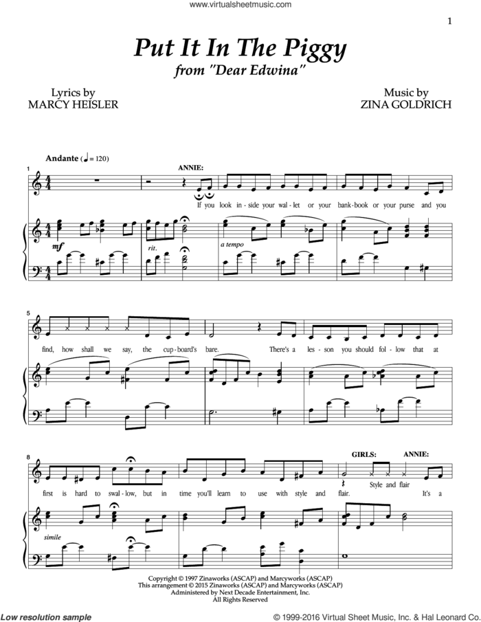 Put It In The Piggy sheet music for voice and piano by Goldrich & Heisler, Marcy Heisler and Zina Goldrich, intermediate skill level