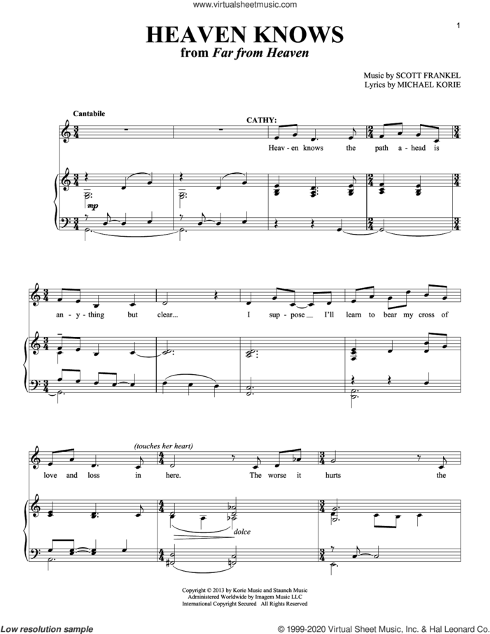 Heaven Knows sheet music for voice and piano by Scott Frankel, Richard Walters and Michael Korie, intermediate skill level