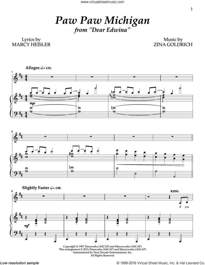 Paw Paw Michigan sheet music for voice and piano by Goldrich & Heisler, Marcy Heisler and Zina Goldrich, intermediate skill level