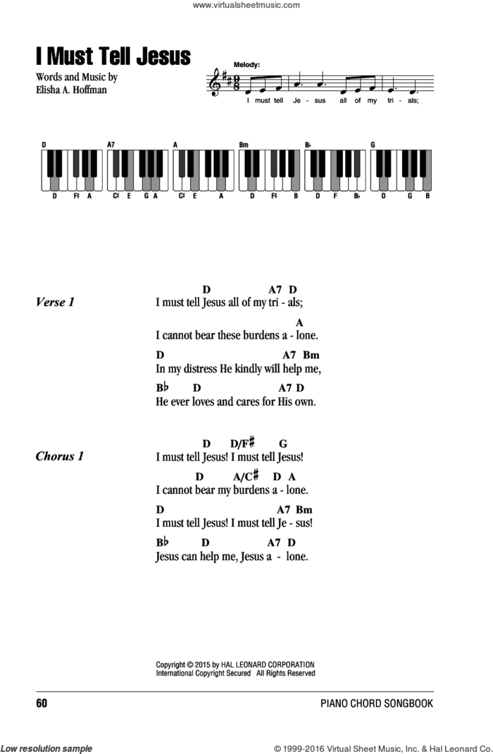 I Must Tell Jesus sheet music for piano solo (chords, lyrics, melody) by Elisha A. Hoffman, intermediate piano (chords, lyrics, melody)