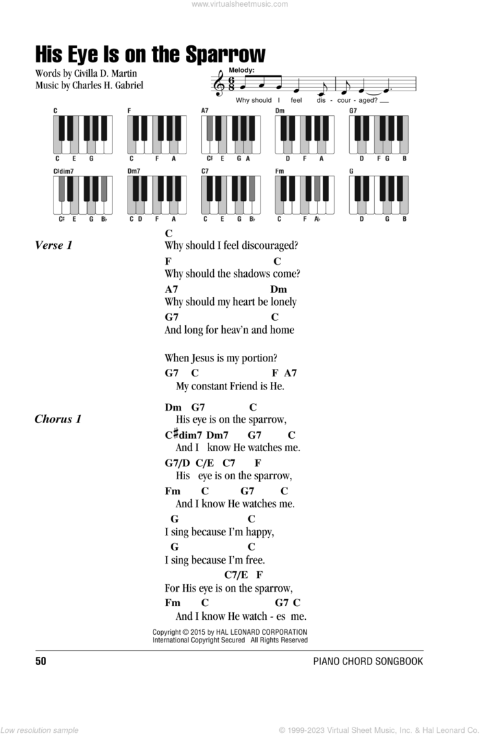 His Eye Is On The Sparrow sheet music for piano solo (chords, lyrics, melody) by Charles H. Gabriel and Civilla D. Martin, intermediate piano (chords, lyrics, melody)