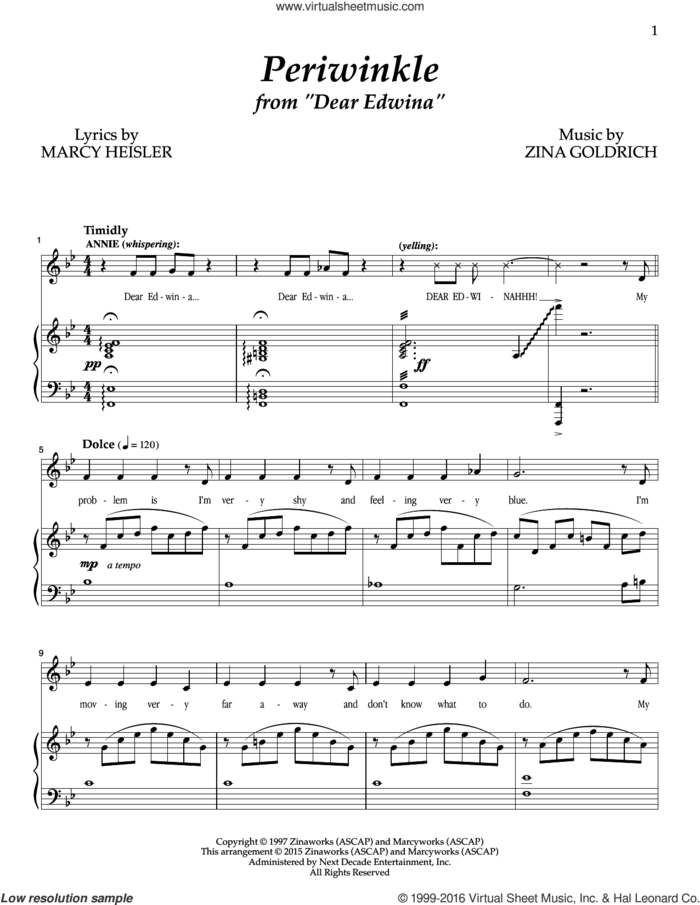 Periwinkle sheet music for voice and piano by Goldrich & Heisler, Marcy Heisler and Zina Goldrich, intermediate skill level