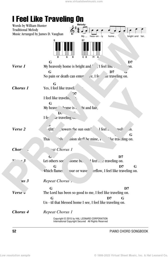 I Feel Like Traveling On sheet music for piano solo (chords, lyrics, melody) by William Hunter and James D. Vaughan, arranger, intermediate piano (chords, lyrics, melody)