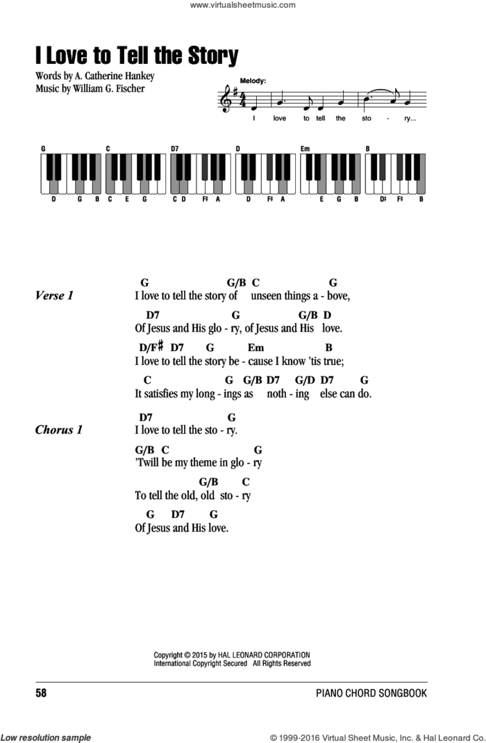 I Love To Tell The Story sheet music for piano solo (chords, lyrics, melody) by A. Catherine Hankey and William G. Fischer, intermediate piano (chords, lyrics, melody)