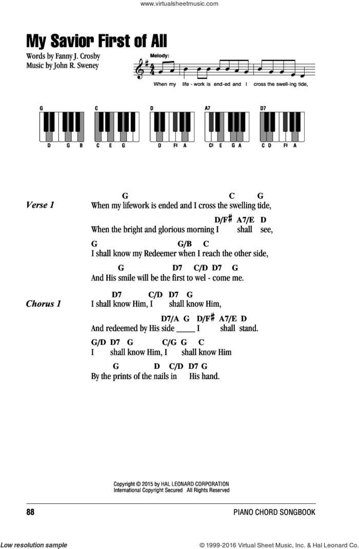My Savior First Of All sheet music for piano solo (chords, lyrics, melody) by Fanny J. Crosby and John R. Sweney, intermediate piano (chords, lyrics, melody)
