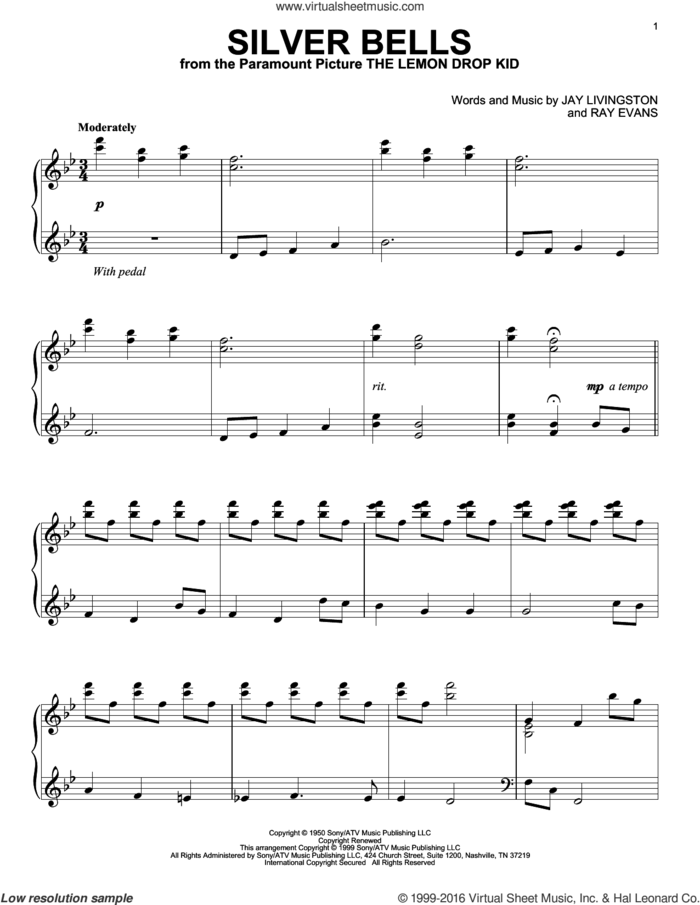 Silver Bells sheet music for piano solo by Jay Livingston & Ray Evans, Jay Livingston and Ray Evans, intermediate skill level