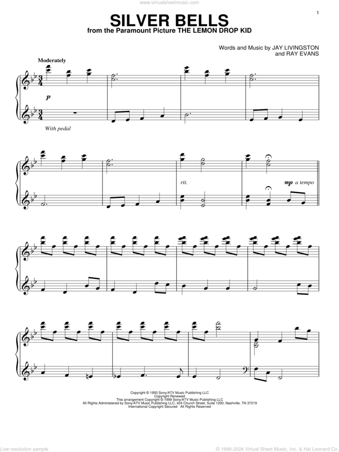 Silver Bells sheet music for piano solo by Jay Livingston & Ray Evans, Jay Livingston and Ray Evans, intermediate skill level