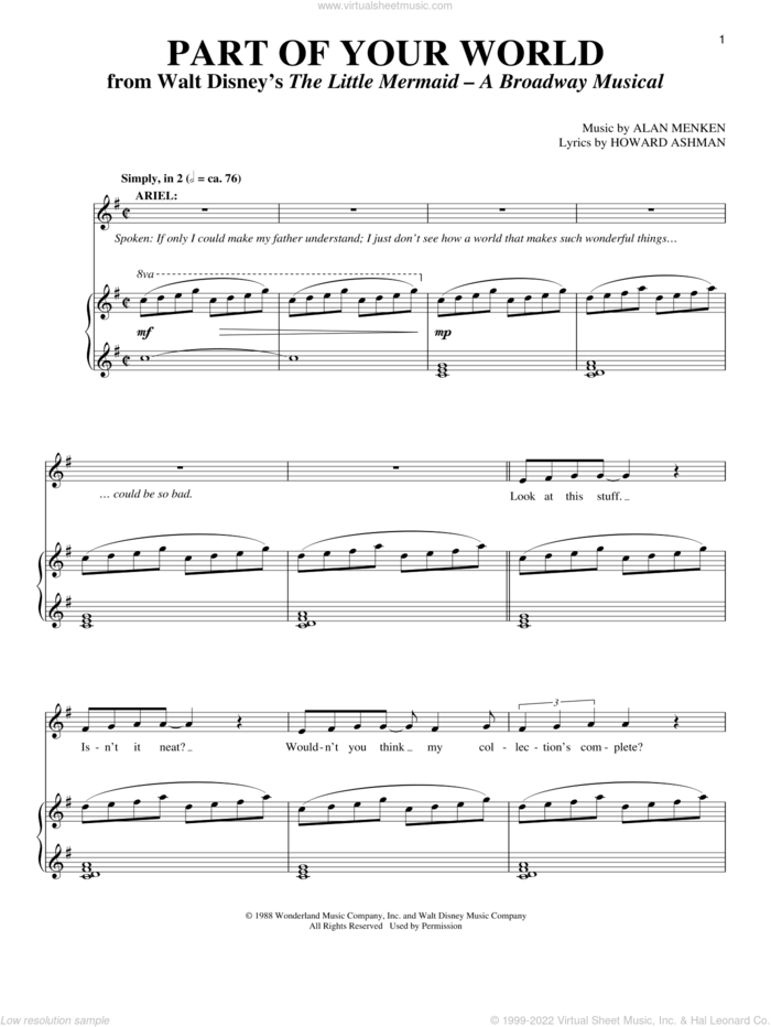 Part Of Your World (from The Little Mermaid) sheet music for voice and piano by Alan Menken, Richard Walters and Howard Ashman, intermediate skill level