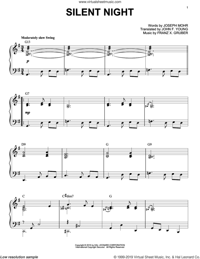 Silent Night [Jazz version] (arr. Brent Edstrom) sheet music for piano solo by Franz Gruber, Susan Boyle, John F. Young and Joseph Mohr, intermediate skill level