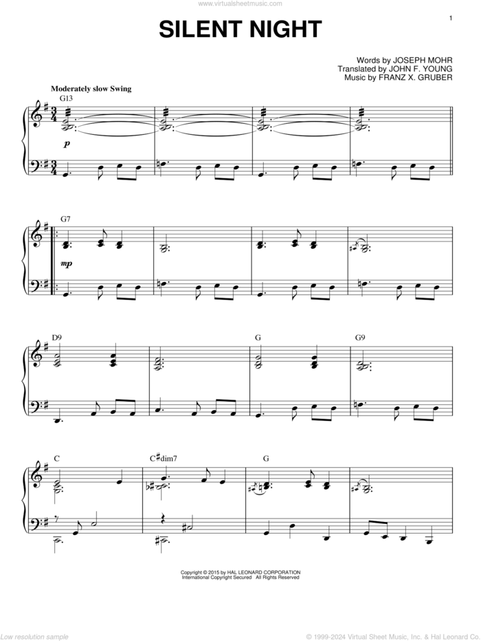 Silent Night [Jazz version] (arr. Brent Edstrom) sheet music for piano solo by Franz Gruber, Susan Boyle, John F. Young and Joseph Mohr, intermediate skill level