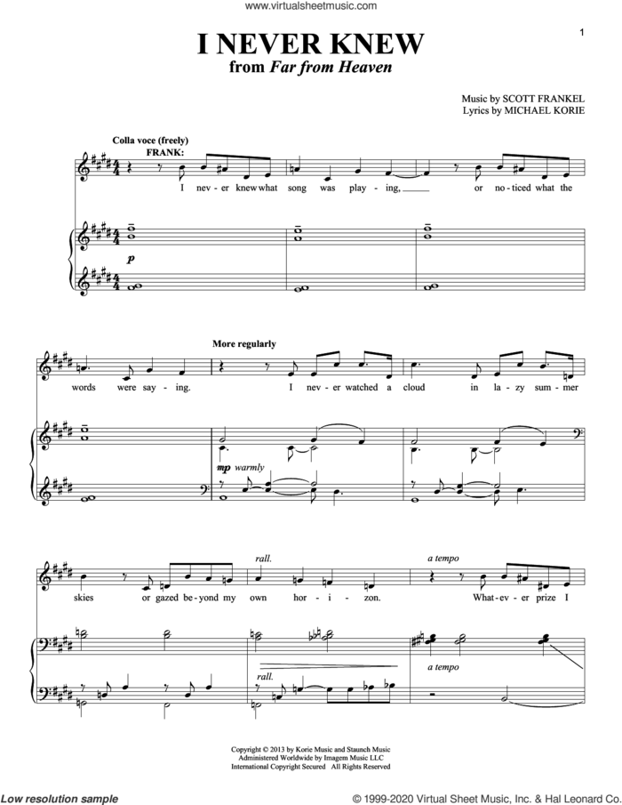I Never Knew sheet music for voice and piano (Tenor) by Michael Korie, Richard Walters and Scott Frankel, intermediate skill level