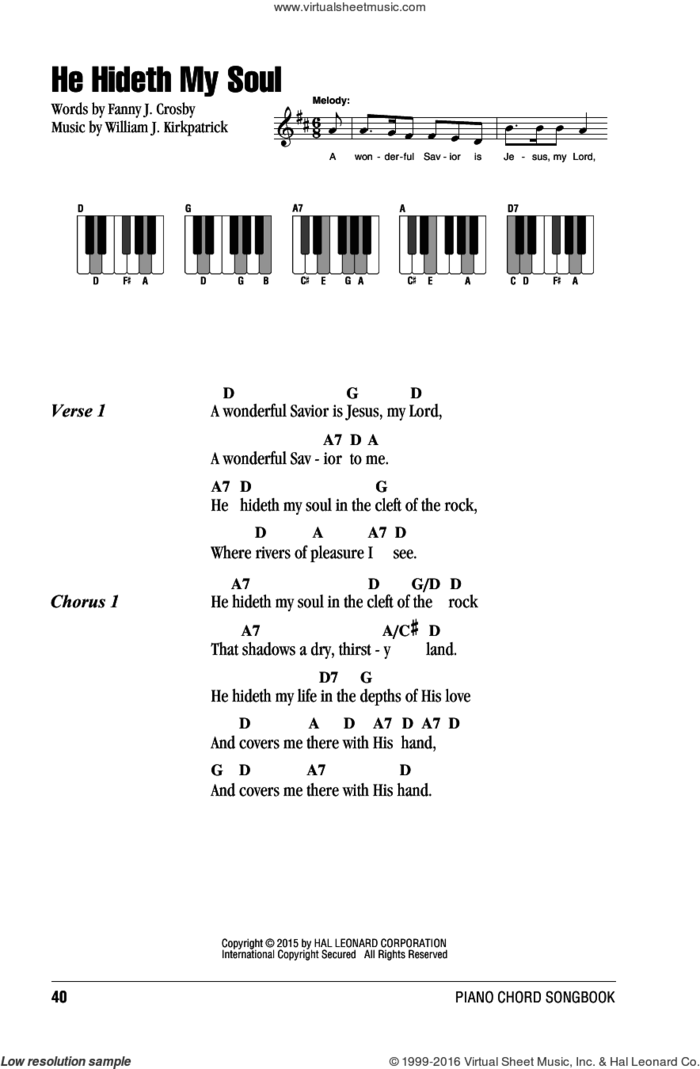 He Hideth My Soul sheet music for piano solo (chords, lyrics, melody) by William J. Kirkpatrick and Fanny J. Crosby, intermediate piano (chords, lyrics, melody)