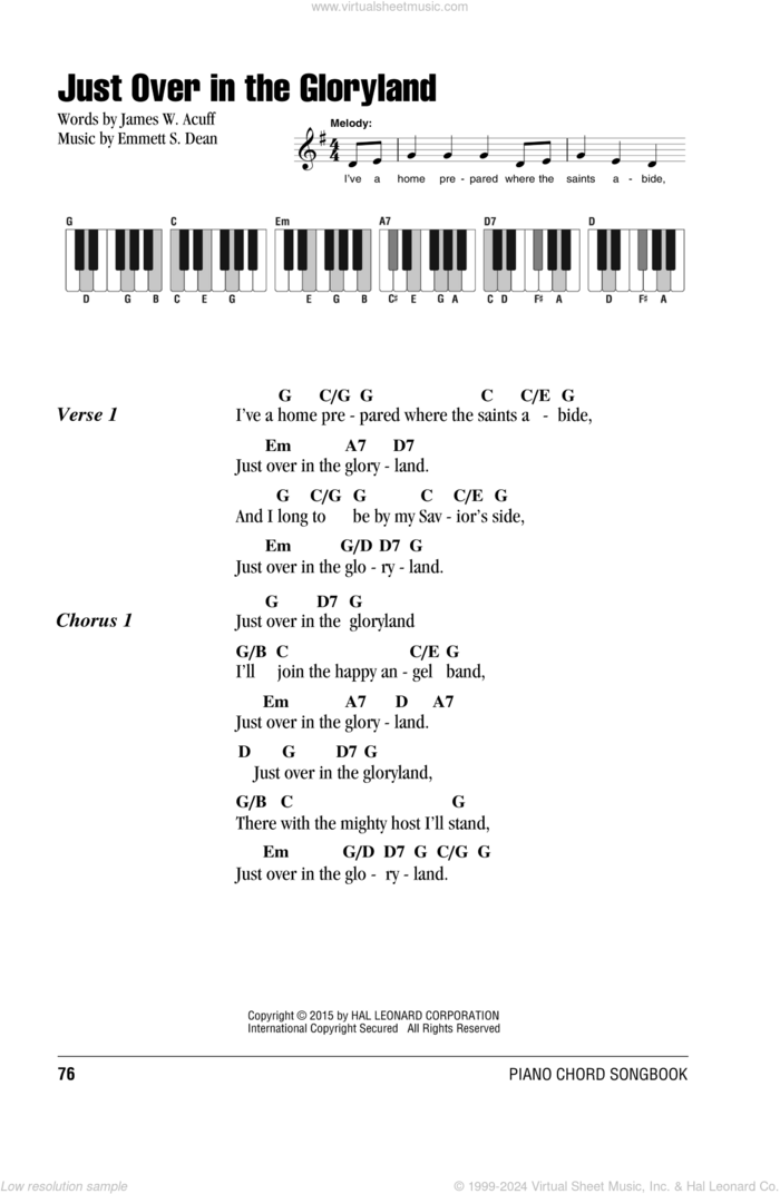 Just Over In The Gloryland sheet music for piano solo (chords, lyrics, melody) by James W. Acuff and Emmett S. Dean, intermediate piano (chords, lyrics, melody)