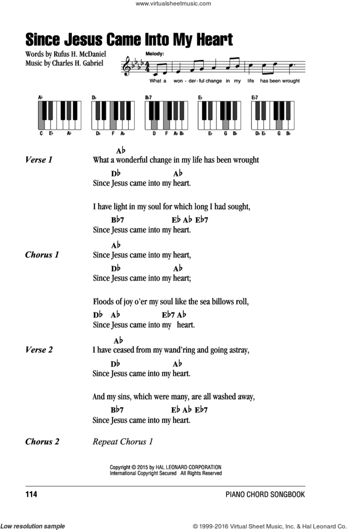 Since Jesus Came Into My Heart sheet music for piano solo (chords, lyrics, melody) by Charles H. Gabriel and Rufus H. McDaniel, intermediate piano (chords, lyrics, melody)