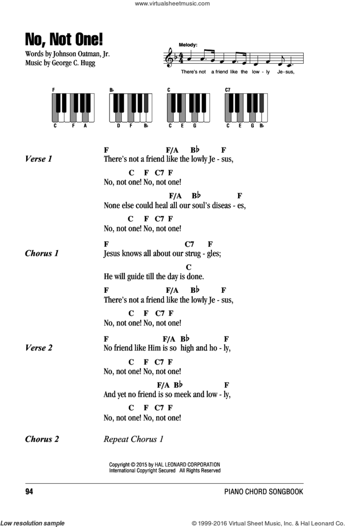 No, Not One! sheet music for piano solo (chords, lyrics, melody) by Johnson Oatman, Jr. and George C. Hugg, intermediate piano (chords, lyrics, melody)