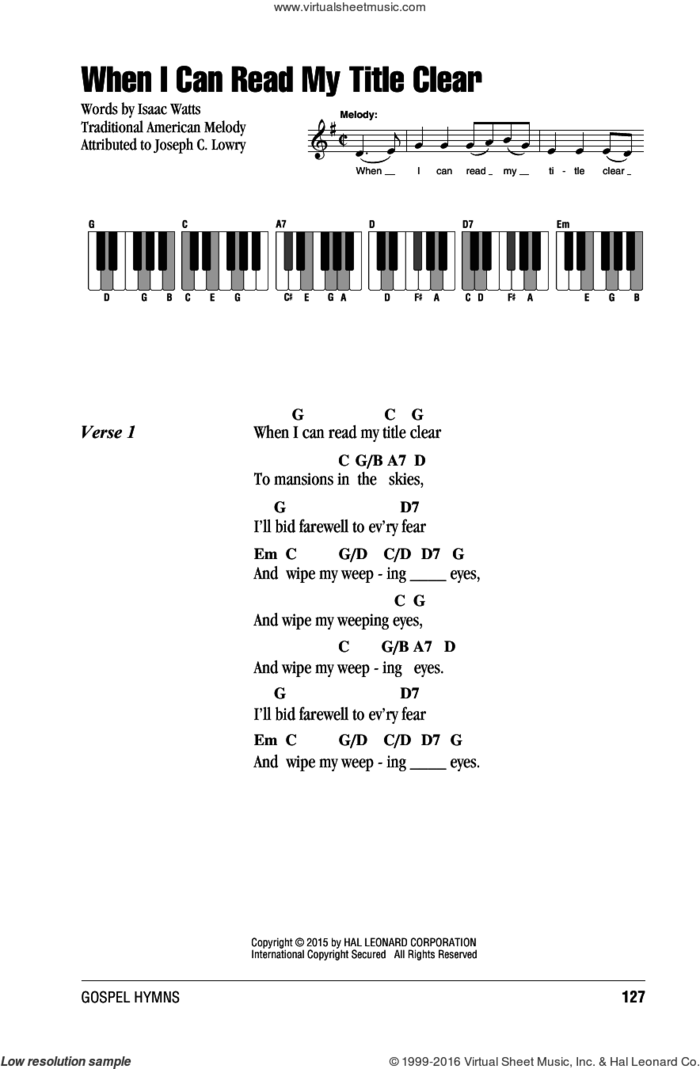 When I Can Read My Title Clear sheet music for piano solo (chords, lyrics, melody) by Kentucky Harmony, Isaac Watts and Miscellaneous, intermediate piano (chords, lyrics, melody)