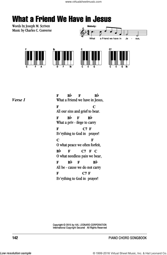 What A Friend We Have In Jesus sheet music for piano solo (chords, lyrics, melody) by Charles C. Converse and Joseph M. Scriven, intermediate piano (chords, lyrics, melody)