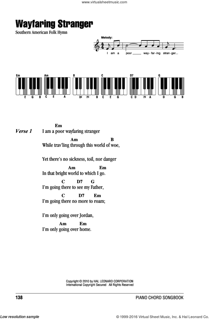 Wayfaring Stranger sheet music for piano solo (chords, lyrics, melody), intermediate piano (chords, lyrics, melody)