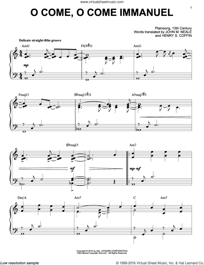 O Come, O Come Immanuel [Jazz version] (arr. Brent Edstrom) sheet music for piano solo by John M. Neale (v. 1,2) and Henry S. Coffin (trans.), intermediate skill level
