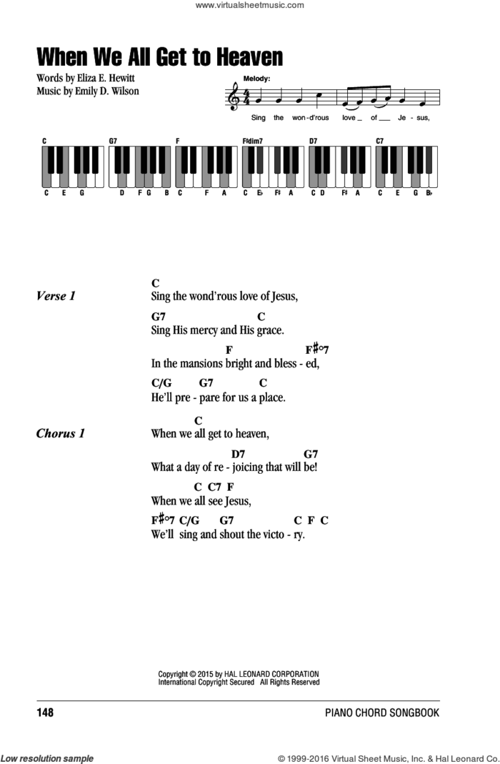 When We All Get To Heaven sheet music for piano solo (chords, lyrics, melody) by Eliza E. Hewitt and Emily D. Wilson, intermediate piano (chords, lyrics, melody)