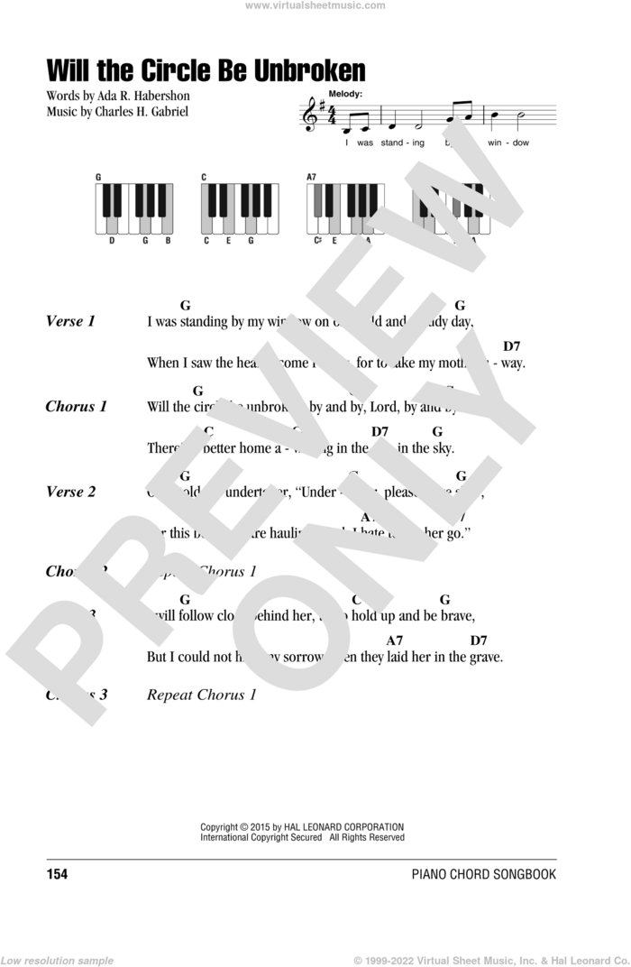 Will The Circle Be Unbroken sheet music for piano solo (chords, lyrics, melody) by Charles H. Gabriel and Ada R. Habershon, intermediate piano (chords, lyrics, melody)